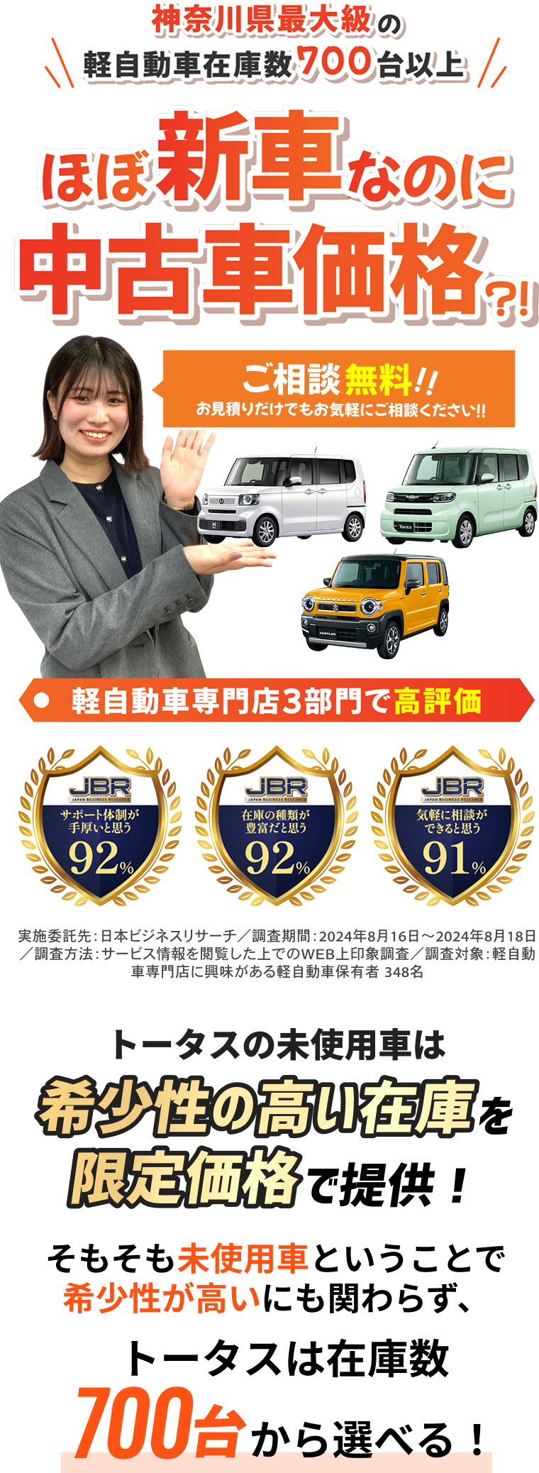 神奈川県最大級の軽自動車在庫数700台以上。ほほ新車なのに中古車価格。軽自動車専門店3部門で高評価。ご相談無料！！オンライン商談OK お見積りだけでも、お気軽にご相談ください！！